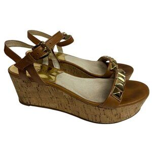Michael Kors Women's Sandals Cork Wedge Gold Stud Tan Leather Size 6 Vacation
